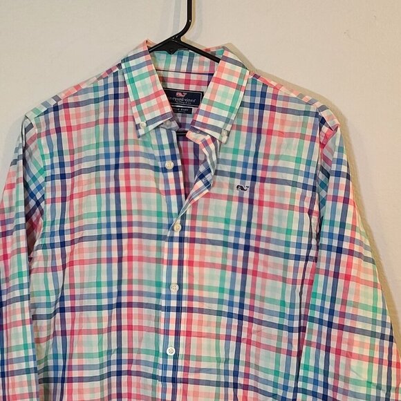 Vineyard Vines Whale Shirt Classic Fit Check Print Button Up Shirt Pink Blue XL - Picture 2 of 8